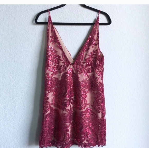 FREE PEOPLE Night Shimmer Mini Dress Raspberry Size 4 Sequin NWT - Picture 5 of 12